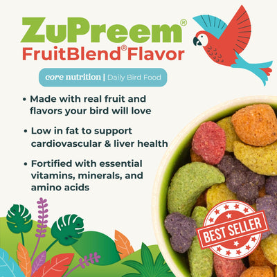 ZuPreem primer plano de pellets frutales que demuestra textura y consistencia nutritiva