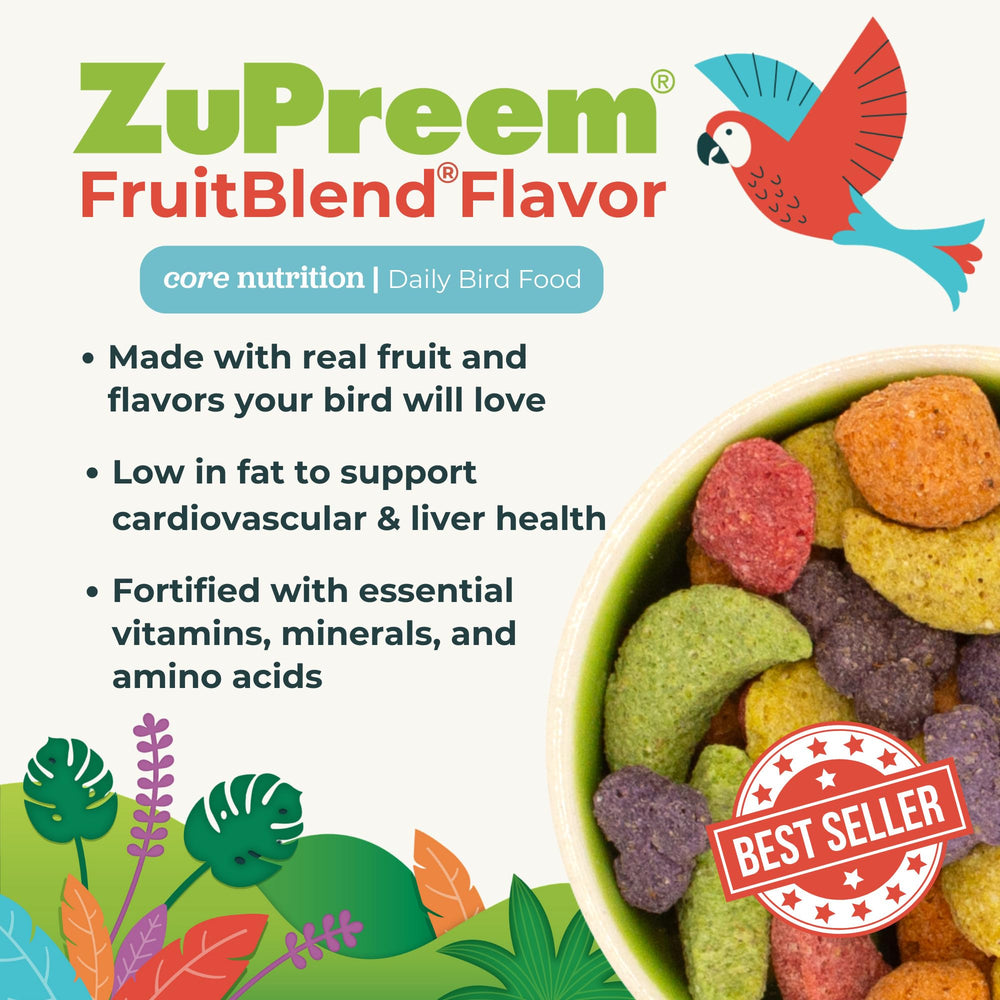 ZuPreem primer plano de pellets frutales que demuestra textura y consistencia nutritiva