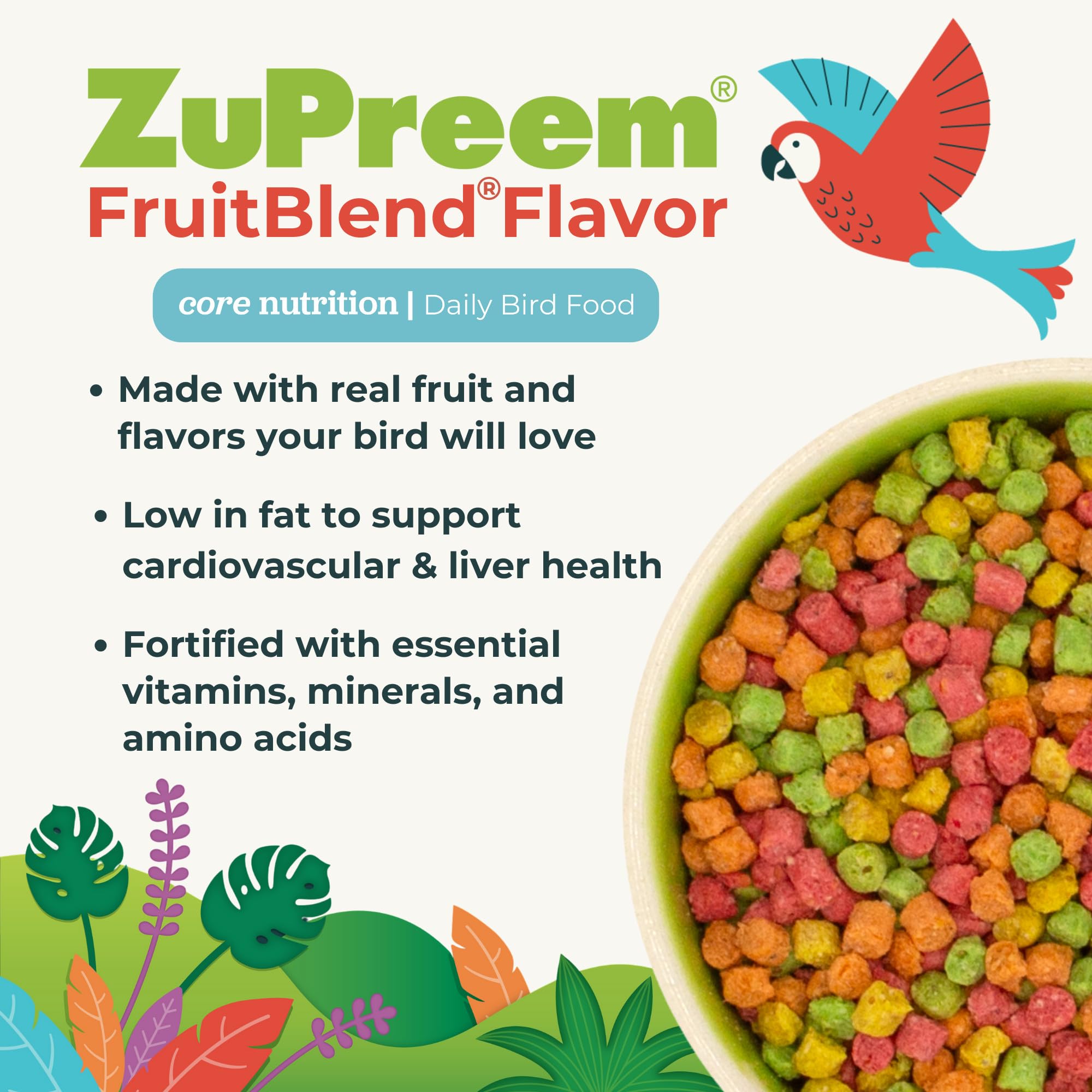 ZuPreem primeros planos de pellets frutales que atraen al ave