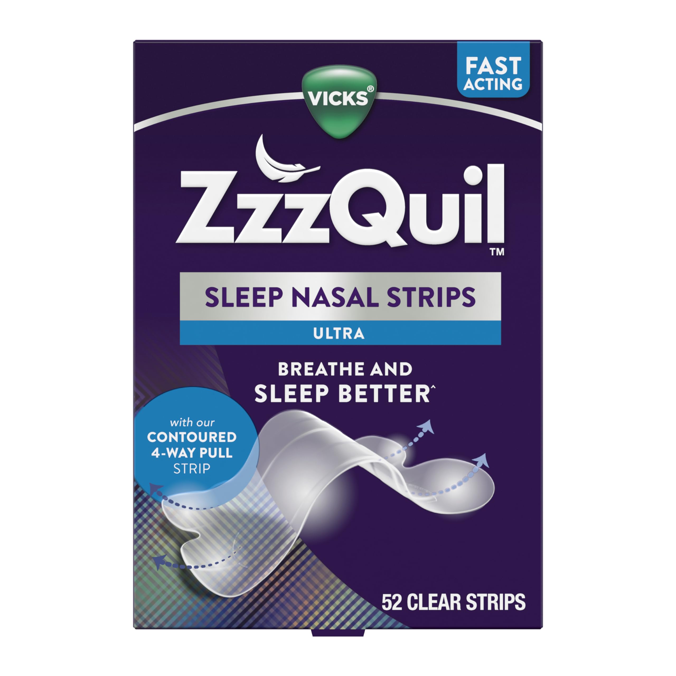 ZzzQuil empaque frontal mostrando 52 tiras para dormir, mejora respiración