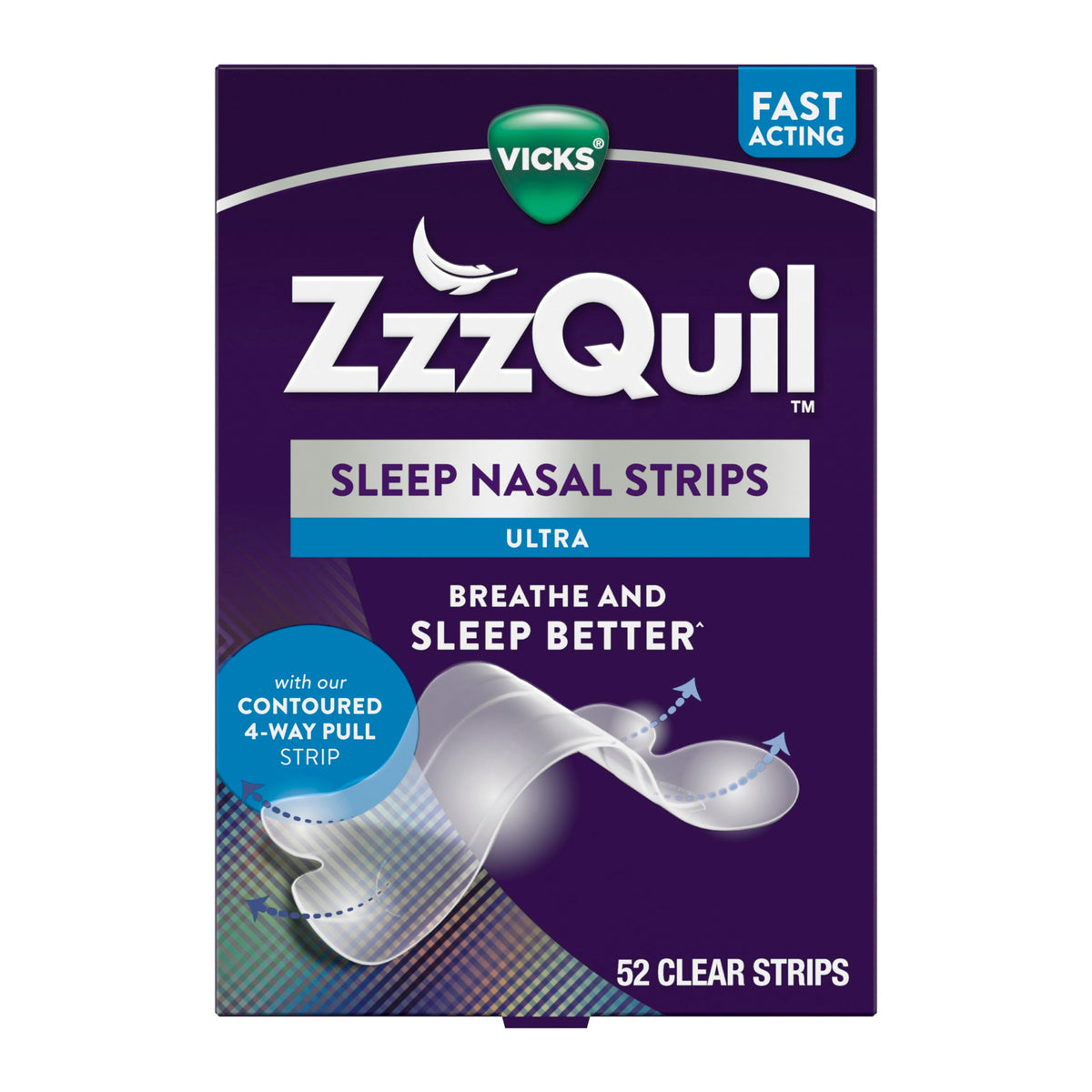 ZzzQuil empaque frontal mostrando 52 tiras para dormir, mejora respiración