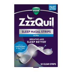 ZzzQuil empaque frontal mostrando 52 tiras para dormir, mejora respiración