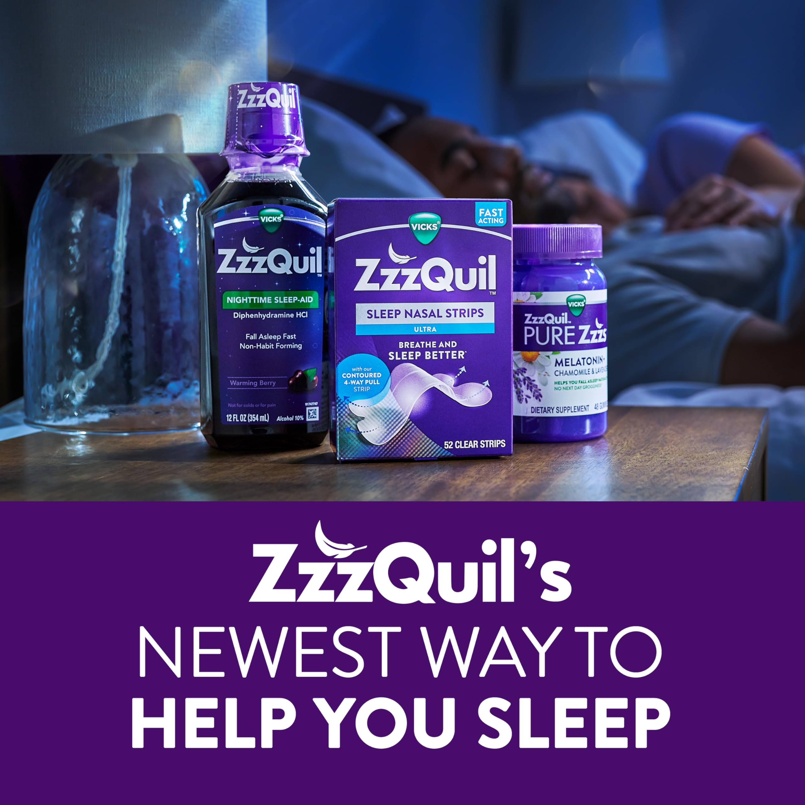 ZzzQuil persona durmiendo con tira nasal, reducción de ronquidos visible